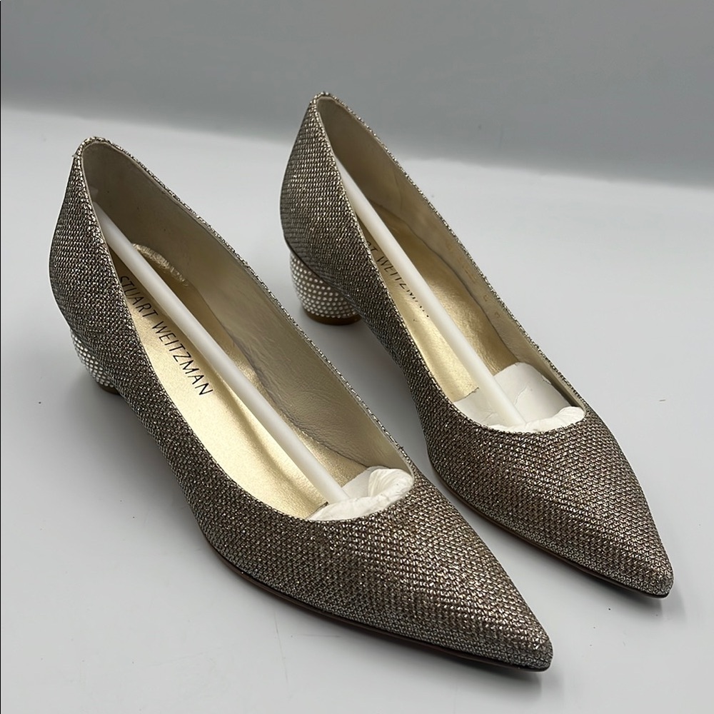 Stuart Weitzman Silver Women's Shoes Pocoglobe Platinum Noir Rhinestone Heels
